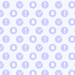 Seamless pattern with bell, exclamation point and check mark icon on purple background for poster, banner, wallpaper, wrapping paper, scrapbook, textile and other design.	