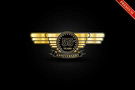 55th Anniversary Golden Wing Gold Logo With Gold Ring And Ribbon Isolated On Black Background, Vector Design For Celebration.