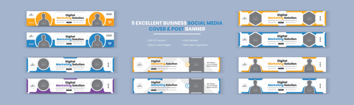 Modern abstract Digital Marketing Solution and Agency Corporate Business banner LinkedIn cover design set, Horizontal web banner.