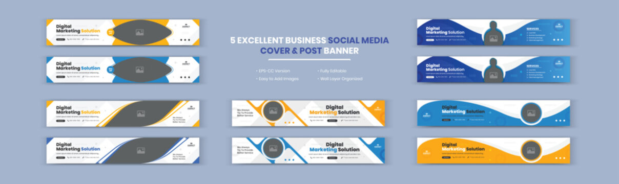 Modern abstract Digital Marketing Solution and Agency Corporate Business banner LinkedIn cover design set, Horizontal web banner.
