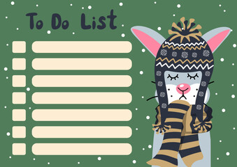 To do list template with cartoon bunny in knitted hat and scarf on snowfall background. Kids design template with funny animals. Hand drawn vector illustration