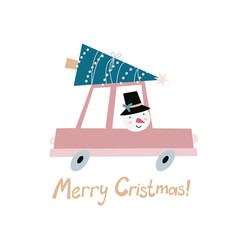 Christmas card design with a snowman in a car transporting Christmas tree. Winter holiday design for postcards, paper prints, web banners.