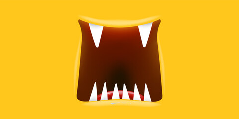 Vector Cartoon open monster mouth isolated on orange background. Funny and cute Halloween Monster open mouth with big vampire fangs or teeth and red tongue. Halloween card design template