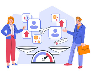 Comparison of business performance and selection of the best contractor for a business project, flat vector illustration isolated on white background. KPI of company or team, market players.