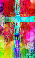 turquoise green blue cross on red background, in part AI generated artwork plus editing