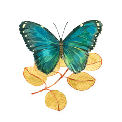 Watercolor composition of a blue butterfly and a yellow branch hand-painted in watercolor on a white background. Suitable for postcards, invitations, printing on clothes and designs.