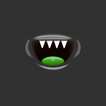 Vector Cartoon vampire mouth with fangs isolated on grey background. Funny and cute black Halloween Monster mouth with teeth and tongue