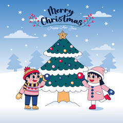 Winter Poster Illustration With Kids And Christmas Tree