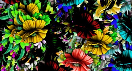 Computer graphics of abstract floral psychedelic background stylization of colored chaotic stickers...