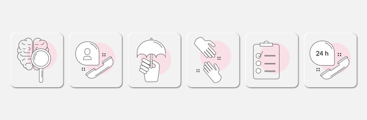 Icons of the button on the topic of psychological help, the brain, a call to a hotline, support in a difficult situation, an appointment with a doctor. The buttons are three-dimensional with a shadow