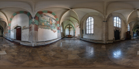 Full spherical seamless hdri panorama 360 degrees in corridor of hall with arches and columns in the monastery in equirectangular projection, VR content