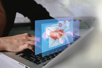 Spamming mailbox concept, a lot of emails on the screen of a monitor. Email box hacking, spam...