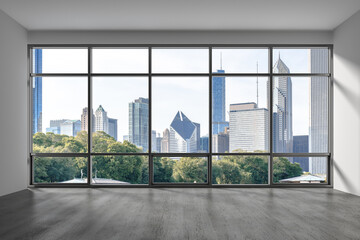 Plakat Downtown Chicago City Skyline Buildings from High Rise Window. Beautiful Expensive Real Estate overlooking. Epmty room Interior Skyscrapers View in Penthouse Cityscape. Day time. 3d rendering.