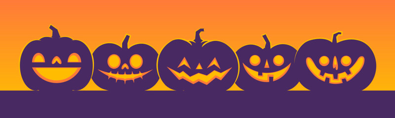Naklejka premium Halloween banner horizontal design with Jack o Lantern carved pumpkins. Simple cartoon spooky design. Trick or treat.
