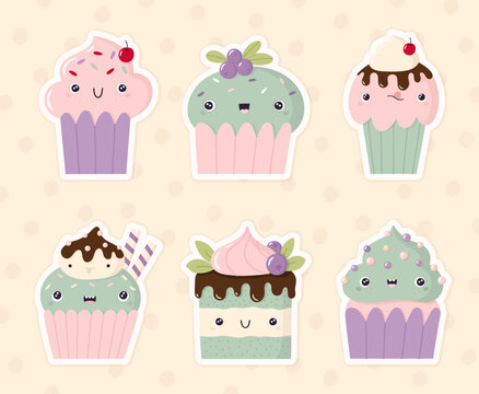 Kawaii cupcakes with cream and berries. Vector set of cute cartoon cakes
