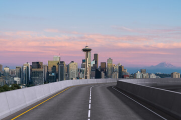 Fototapeta premium Empty urban asphalt road exterior with city buildings background. New modern highway concrete construction. Concept way to success. Transportation logistic industry fast delivery. Seattle. USA.