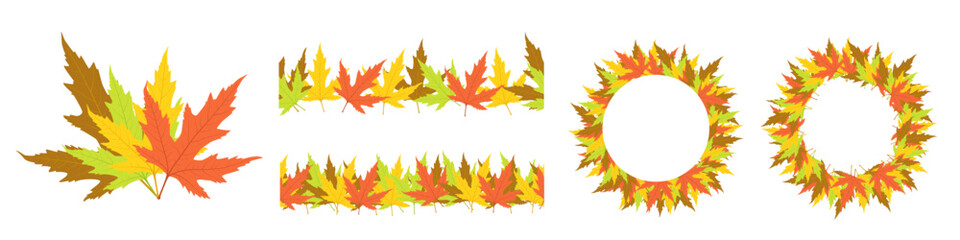 Maple leaf border and frame. Seamless vector leaves. Bouquet of yellowed leaves. Vector clipart set isolated on white background.