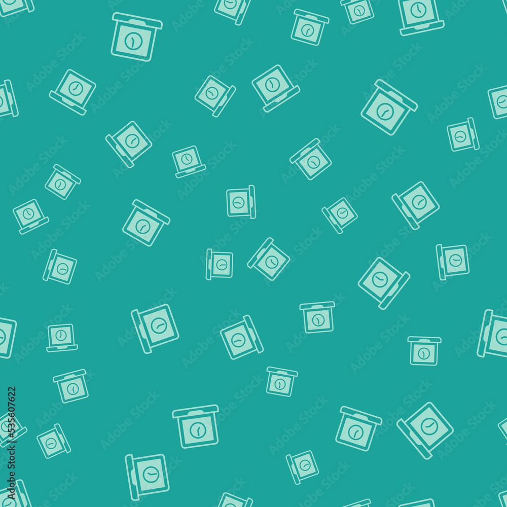 Poster green laptop time icon isolated seamless pattern on green background. computer notebook with empty s
