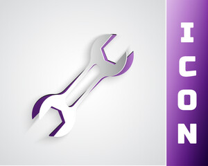 Paper cut Wrench spanner icon isolated on grey background. Paper art style. Vector