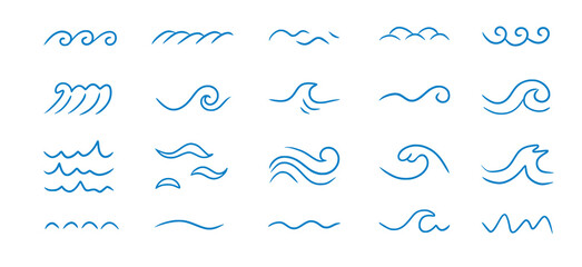 Fototapeta premium Wave sea line doodle icon set. Hand drawn sketch water wave outline. Simple curve, scribble aqua flow. Isolated vector illustration.