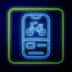 Glowing neon Bicycle rental mobile app icon isolated on blue background. Smart service for rent bicycles in the city. Mobile app for sharing system. Vector