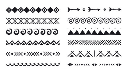 Hand drawn folk motif border, ethnic pattern set. Peru, mexican, aztec drawn border pattern. Boho, indian decoration, arrow element. Vector illustration.
