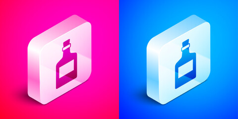 Isometric Alcohol drink Rum bottle icon isolated on pink and blue background. Silver square button. Vector