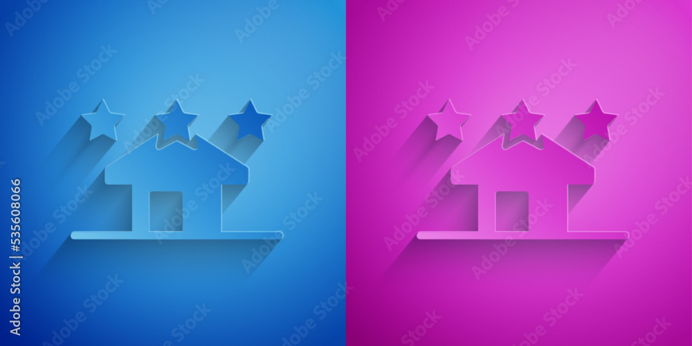 Wall mural paper cut house icon isolated on blue and purple background. real estate agency or cottage town elit