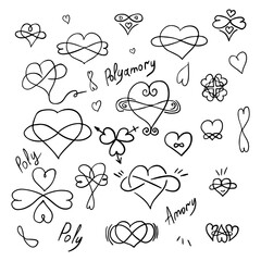 Polyamorous set of heart and infinity symbol in doodle style. Polygamy and open relationships. Suitable for tattoos and for pride month.