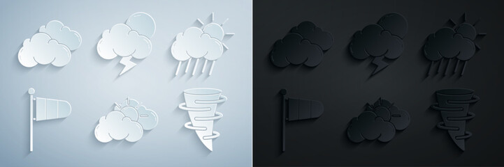 Set Sun and cloud weather, Cloud with rain sun, Cone meteorology windsock wind vane, Tornado, Storm and icon. Vector