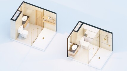 Axonometric view of toilet with wash area and bath facility