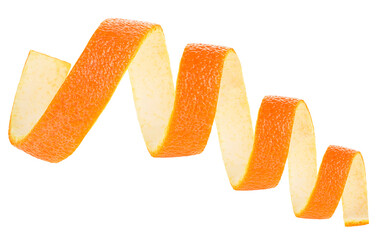 Peel of ripe orange isolated on a white background. Spiral orange zest.