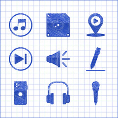 Set Speaker volume, Headphones, Microphone, Pencil with eraser, Smartphone, mobile, Fast forward, Digital media play location and Music note, tone icon. Vector