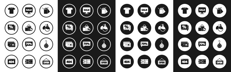Set Blank label template price tag, Shoping bag with discount, Discount percent, T-shirt, Perfume, Hanging sign Sale, Earring and Credit card icon. Vector