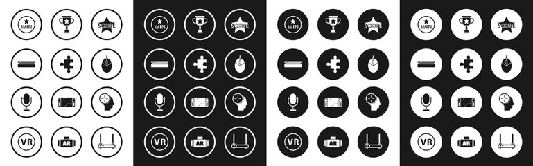 Set Star, Piece of puzzle, Video game console, Medal, Computer mouse gaming, Award cup, Head hunting concept and Microphone icon. Vector