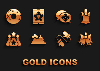 Set Mountains, Merry Christmas ringing bell, Pair of knitted christmas mittens, Santa Claus bag gift, Snowflake with speech bubble, Donut sweet glaze and smartphone and snowflake icon. Vector