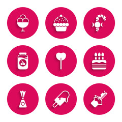 Set Lollipop, Ice cream, Bitten chocolate bar, Cake with burning candles, Candy, Cherry jam jar, Christmas candy cane and bowl icon. Vector