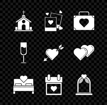 Set Church building, Two blanks photo frames and hearts, Suitcase for travel with, Bedroom, Calendar, Wedding arch, Glass of champagne and Amour symbol arrow icon. Vector