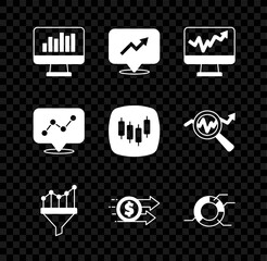 Obraz premium Set Monitor with graph chart, Financial growth, Sales funnel, dollar, Pie infographic, Graph and Browser stocks market icon. Vector