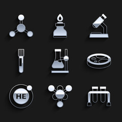 Set Test tube flask on stand, Molecule, Petri dish with bacteria, Helium, Microscope and icon. Vector