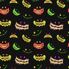 Seamless pattern. A set of scary neon grimaces for Halloween. Vector illustration