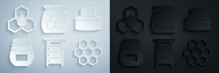 Set Hive for bees, Beekeeper with protect hat, Jar of honey, Honeycomb, and icon. Vector