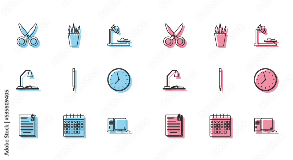 Poster set line file document and paper clip, calendar, scissors, computer monitor with keyboard mouse, pen