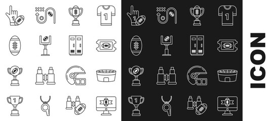 Set line American football on tv program, goal post, Number 1 one fan hand glove with finger raised american and Locker or changing room for football, basketball team or workers icon. Vector