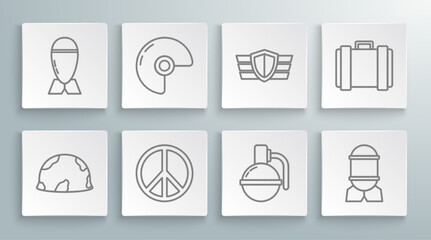 Set line Military helmet, Peace, Hand grenade, Aviation bomb, reward medal, ammunition box and icon. Vector