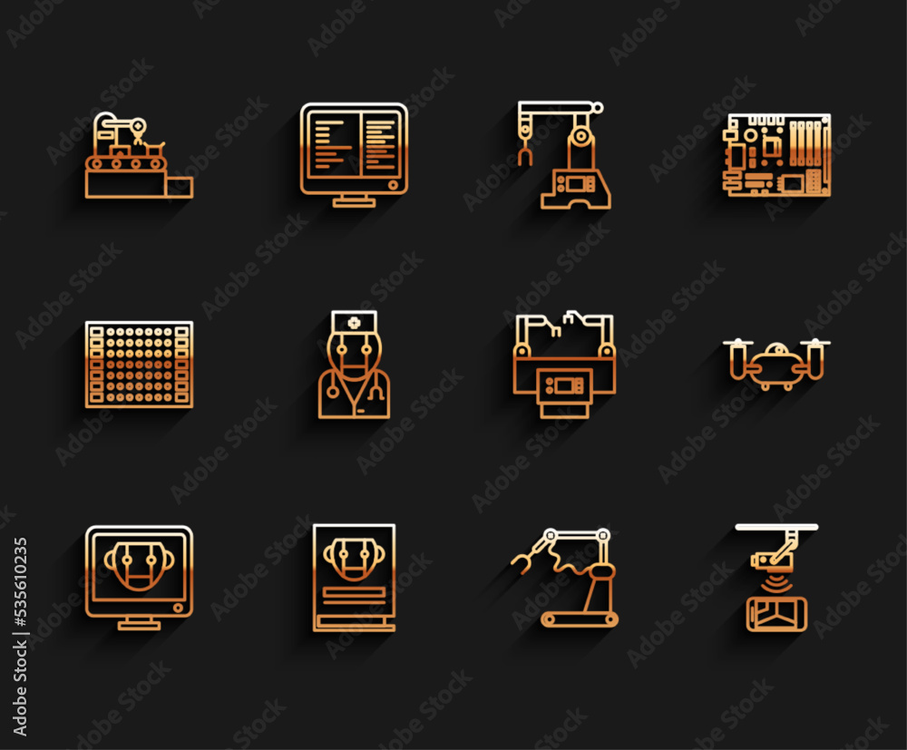 Poster set line bot, industrial machine robotic robot arm hand factory, wireless controlling cctv security 