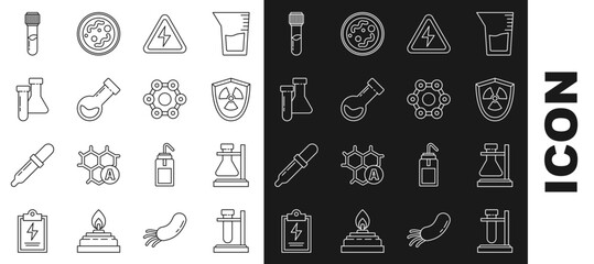 Set line Test tube flask on stand, Radioactive in shield, High voltage sign, chemical, and Chemical formula icon. Vector