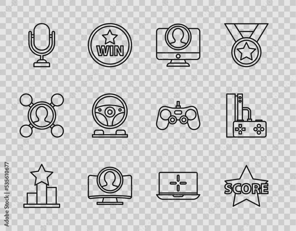 Poster set line star, create account screen, microphone, racing simulator cockpit, laptop and game console 