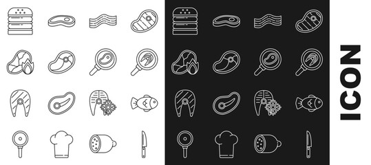 Set line Knife, Fish, steak in frying pan, Bacon stripe, Steak meat, Grilled and fire flame, Burger and icon. Vector