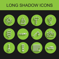 Set line Shovel, Flashlight, Sun, Calendar, Car, Camping knife, Photo camera and Wooden axe icon. Vector